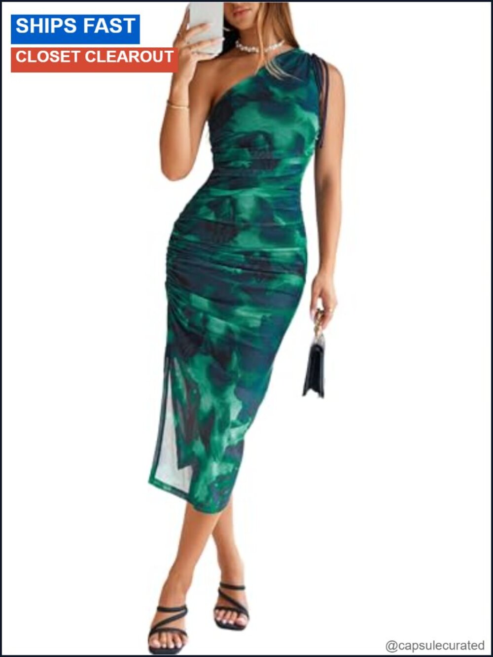 One Shoulder Mesh Bodycon Maxi Dress Ruched Slit Floral Print
